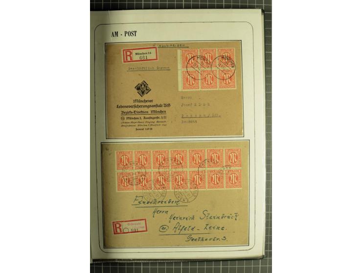 1945/1946, umfangreiche Sammlung AM-POST mit über 900 Briefen und Karten mit vielen Einzel-und Mehrfachfrankaturen mit besser