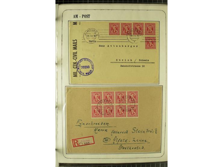 1945/1946, umfangreiche Sammlung AM-POST mit über 900 Briefen und Karten mit vielen Einzel-und Mehrfachfrankaturen mit besser