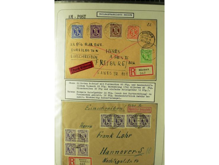 1945/1946, umfangreiche Sammlung AM-POST mit über 900 Briefen und Karten mit vielen Einzel-und Mehrfachfrankaturen mit besser