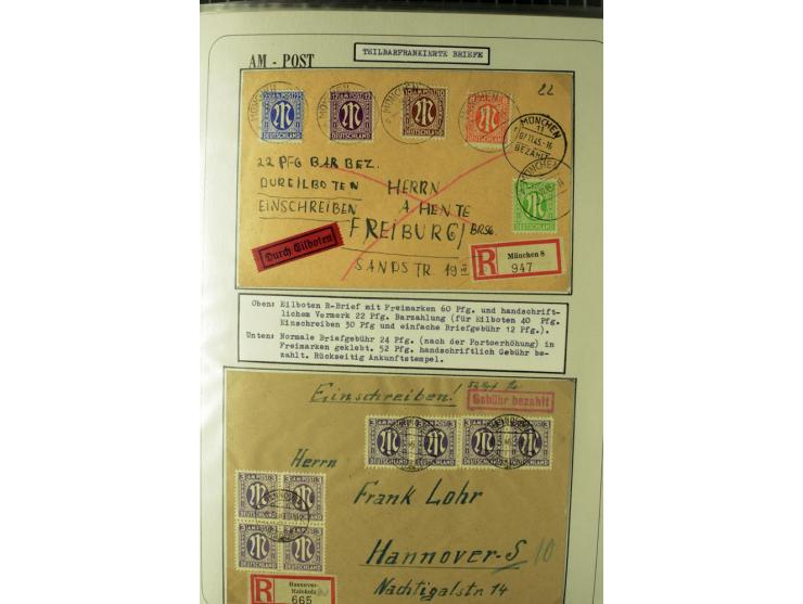 1945/1946, umfangreiche Sammlung AM-POST mit über 900 Briefen und Karten mit vielen Einzel-und Mehrfachfrankaturen mit besser