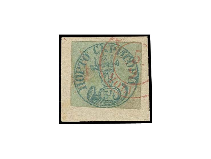 XXX - Los entfällt - XXX 1858, Bull's Head 54 par. green on greenish with ample margins, used with red cds. "JASSY 5/9"; the 