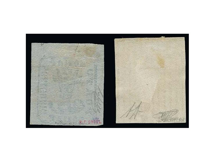 40 par. blue on bluish paper and 80 par. red on white paper, 40 par. ample margin at bottom, otherwise both with wide margins