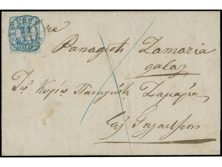 40 par. blue on bluish paper with ample to good margins, tied by clear central blue cds. "JASSY MOLDOVA 21 11" (1858) to enti