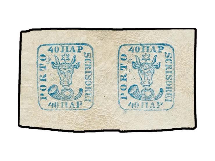 1858, Bull's Head 40 par. blue on white paper, horizontal pair with large margins, unmounted mint, very fine, opinion Dr. Gma