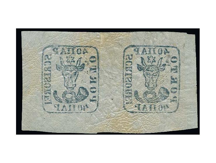 1858, Bull's Head 40 par. blue on white paper, horizontal pair with large margins, unmounted mint, very fine, opinion Dr. Gma