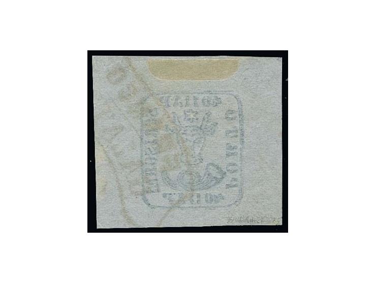 40 par.. blue, very large margins all around, clear brownish "FRANCO GALATZ", extremely fine, signed Heimbüchler BPP