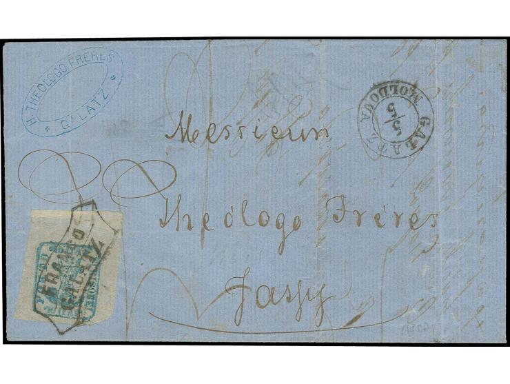 40 par. blue on white paper, good to very large margins, tied by black "FRANCO GALATZ" to letter sheet with part of contents 