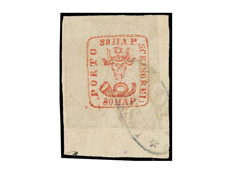 80 par. red on white paper, large margins, tied by oval "FRANCO JASSY" to piece, very fine, signed Heimbüchler BPP