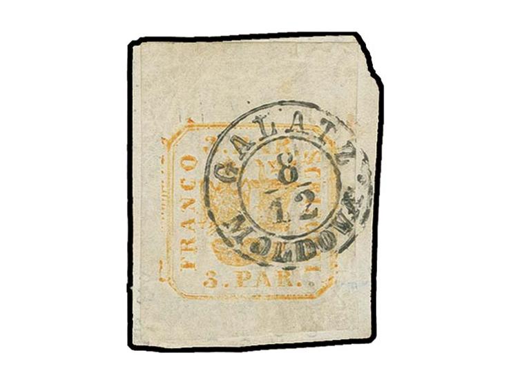 1862, 3 par. yellow with wide to enormous margins, tied by clear "GALATZ MOLDOVA 8/12" to small piece, extremely fine