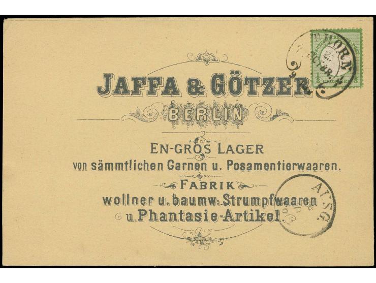 1/3 Gr. dunkelgrün mit Hufeisenstempel "THORN 25 OCTBR." (Spalink-Nr. 38-1) auf dekorativer Avis-Karte nach Flatow, Pracht, B