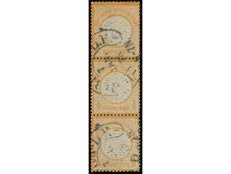 ½ Gr. orange, senkrechter 3er-Streifen mit Hufeisenstempel "HAMBURG L.E. 7 JAN. 75" (Spalink-Nr. 17-15; bisher frühest bekann