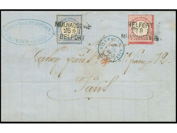 1 Gr. karmin und 2 Gr. blau auf Briefhülle von Altkirch im Elsaß nach Paris, die 2 Gr. mit Bahnpost-L3 "MÜLHAUSEN i. E. / 26 