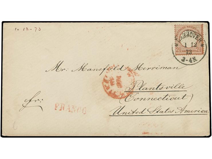 2½ Gr. rötlichbraun im kleinen Format L15 mit EKr. "HANNOVER 1 12 73" auf Transatlantik-Brief via Hamburg nach Plantsville (C