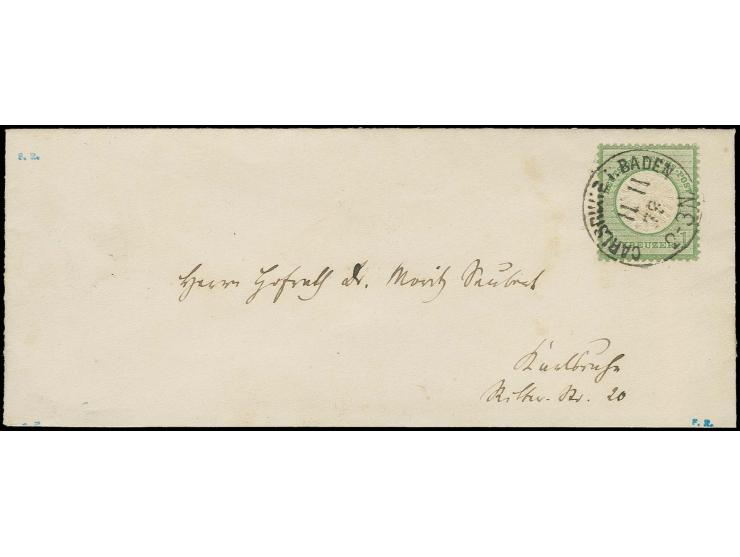 1 Kr. gelblichgrün, sehr gut erhalten und besonders schön und erhaben geprägt, mit EKr. "CARLSRUHE i. BADEN 11 11 73" auf Ort