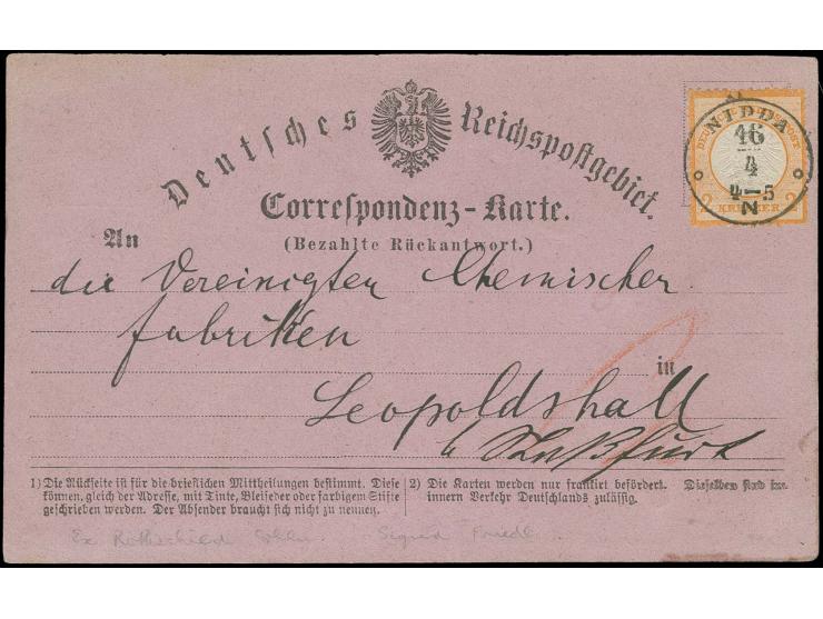 2 Kr. orange mit ideal aufgesetztem T&T-EKr. "NIDDA 16/4" auf violetter Korrespondenz-Karte (bezahlte Rückantwort) nach Leopo