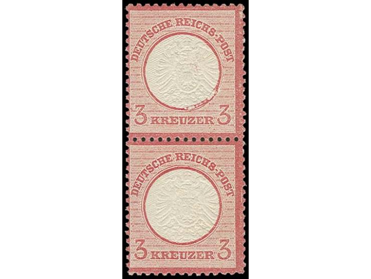 3 Kr. karmin, farbfrisches, sehr gut geprägtes und gut gezähntes senkrechtes Paar, die obere Marke, Feld 80, mit Plattenfehle