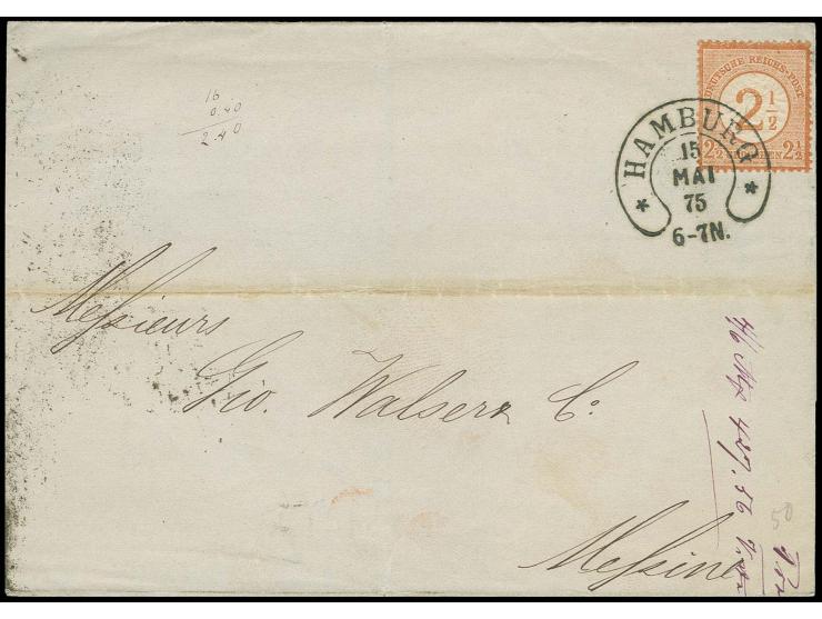 1874, 2½ Gr. farbfrisch und gut gezähnt mit klarem Hufeisenstempel "HAMBURG 15 MAI 75" auf Faltbriefhülle nach Messina, etwas