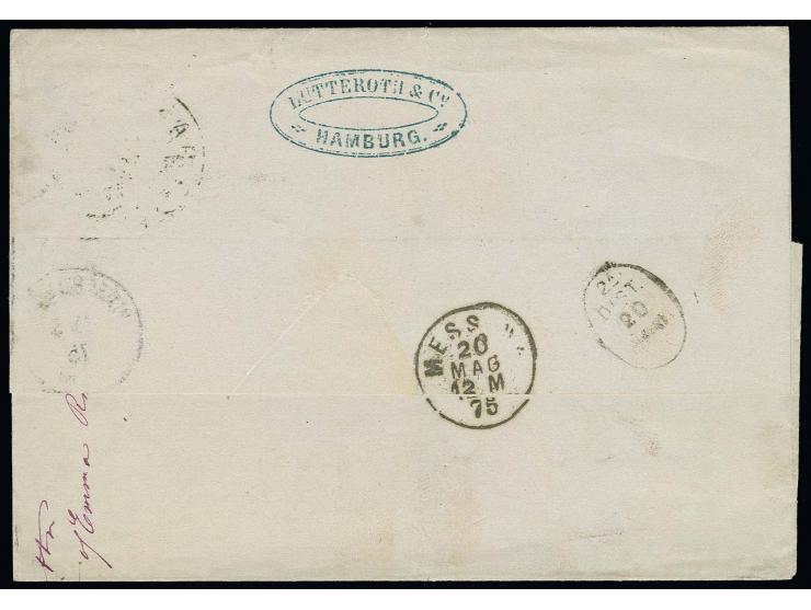 1874, 2½ Gr. farbfrisch und gut gezähnt mit klarem Hufeisenstempel "HAMBURG 15 MAI 75" auf Faltbriefhülle nach Messina, etwas