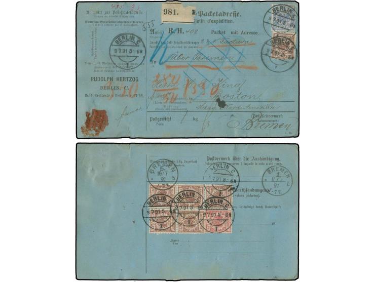 50 Pfg. lilabraun im senkrechten 3er-Streifen und Paar, 20 Pfg. blau und 10 Pfg. lebhaftrosarot mit seltenem Versuchs-Gitters