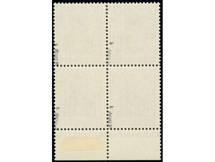 3 Pfg. braunocker, Unterrandviererblock, postfrisch, im Unterrand Falz, tadellos, sign. Jäschke BPP