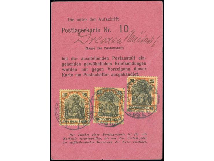 25 Pfg., 3 Einzelwerte mit Stempel "DRESDEN NEUST. 6a" auf Postlagerkarte mit 2maliger Verlängerung; leicht bügig und ein Wer