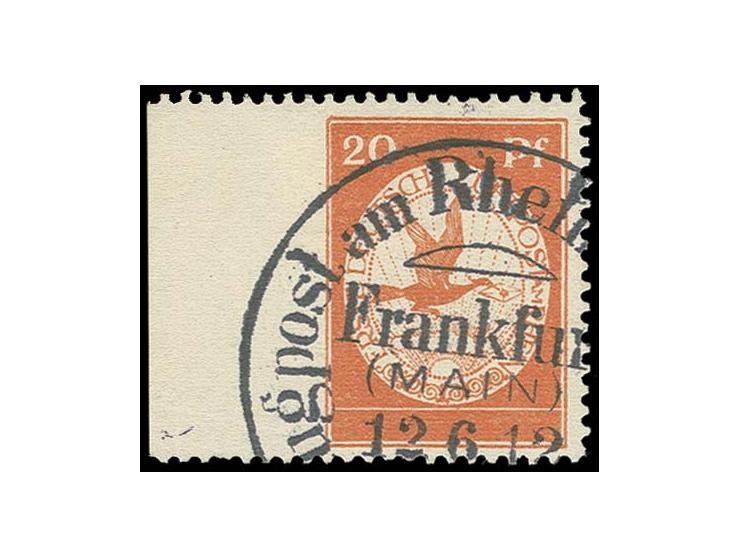 Flugpost Rhein-Main 20 Pfg., linkes Randstück, links ungezähnt, sauberer Sonderstempel "Frankfurt 12.6.12"; leichter Diagonal