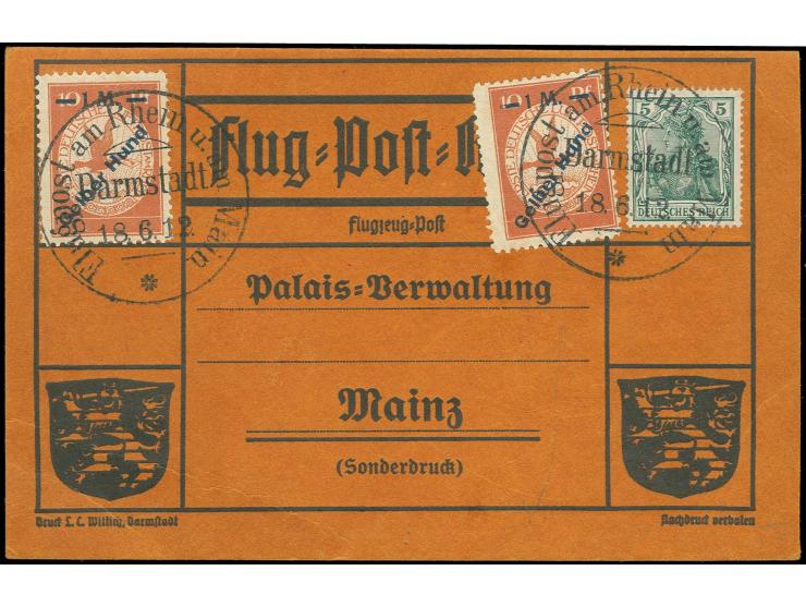 1912, Gelber Hund 1 M., 2 Einzelwerte auf entsprechender Sonderkarte mit Germania 5 Pfg. und Flugpoststempel "Darmstadt 18.6.