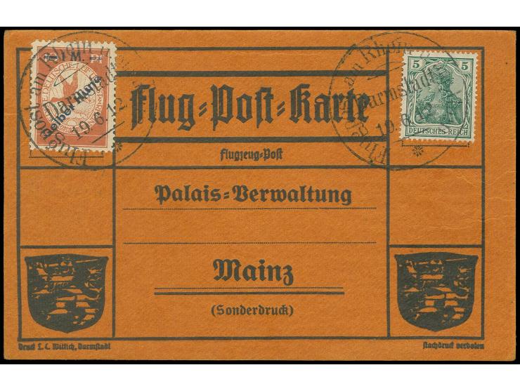 1912, Flugpost Rhein/Main: 1 M. auf 10 Pfg. mit Aufdruckfehler "Huna" auf Sonderkarte  "Darmstadt 19.6.12" an die Palais-Verw