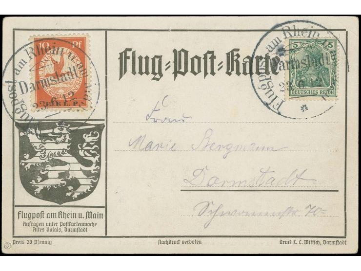 E.EL.P. 10 Pfg. mit Zufrankatur auf Fotokarte "Ankunft der Postmaschine 'Gelber Hund'" von "Darmstadt 23.6.12"; Karte leichte