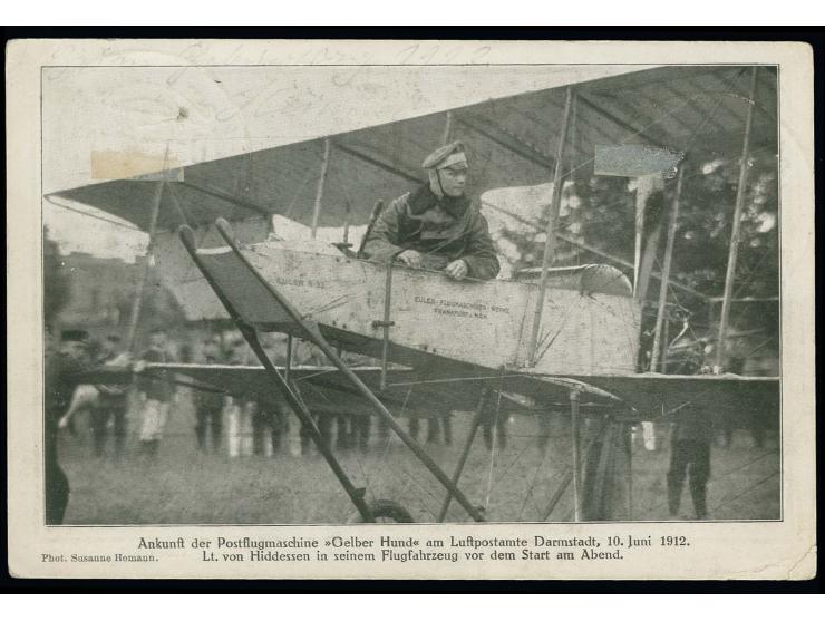 E.EL.P. 10 Pfg. mit Zufrankatur auf Fotokarte "Ankunft der Postmaschine 'Gelber Hund'" von "Darmstadt 23.6.12"; Karte leichte