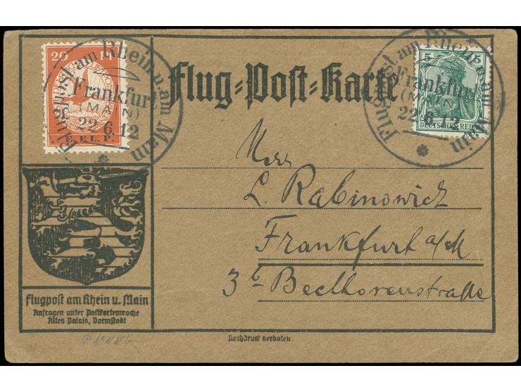 Halbamtliche Flugpost 1912, E.EL.P. 20 Pfg. und Germania 5 Pfg. sauber gestempelt "Flugpost am Rhein u. am Main Frankfurt (MA