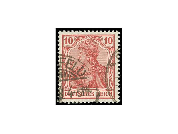 10 Pfg. dunkelrot (zinnoberrotquarzend) mit Teilstempel von Bielefeld; unten ein leicht verkürztes Zähnchen (Fotoattest "Norm