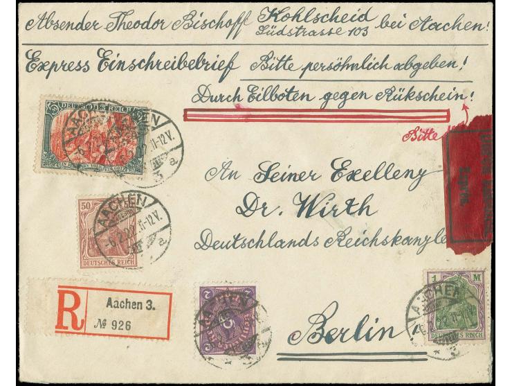 5 M. mit Zusatzfrankatur 50 Pfg., 1 M. und 2 M. auf porotgerechtem Eilboten-R-Brief gegen Rückschein von "AACHEN 6.2.22" an R
