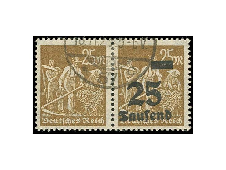 25 Tsd. auf 25 M. ockerbraun, waagerechtes Paar, dabei die linke Marke ohne Aufdruck, sauber gestempelt,Kabinett, Befund Bech