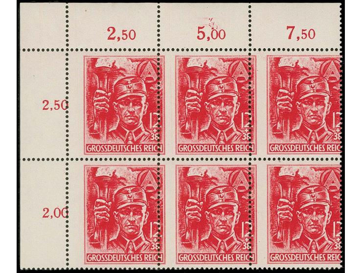 1945, SA 12 Pfg. im 6er-Block aus der linken oberen Bogenecke, mit stark seitlich verschobener Zähnung, postfrisch, Kabinett