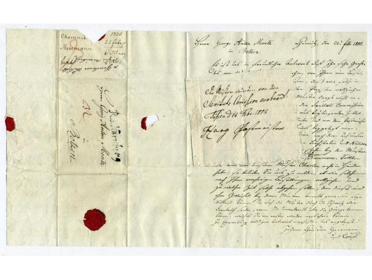 1805, kompletter Faltbrief (datiert Chemnitz 22.2.1805) mit innen eingeklebtem Hinweis-Zettel "Die Muster wurden von der Sani