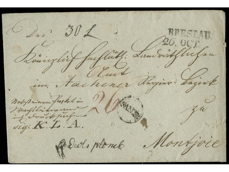 "Aussen Gereiniget in BRESLAU", Oval-Stempel in schwarz, sehr klarer Abschlag rückseitg auf Paketbegleitbrief mit L2 "BRESLAU