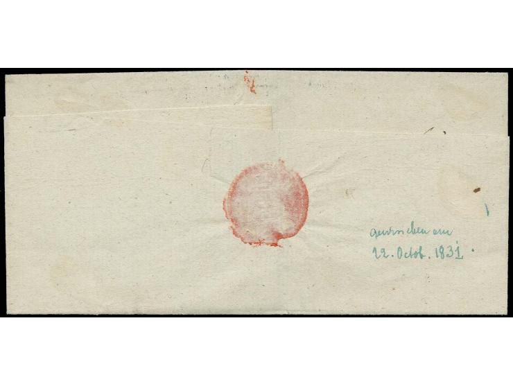 "Desinficiert", Ra1 mit wellenförmiger Umrandung, klarer Abschlag in schwarz auf Briefhülle mit EKr. "OPPELN 1.11." (1831) na
