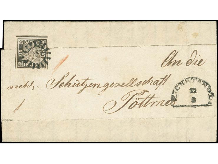 1 Kr. schwarz, Platte 1, farbfrisch und allseits breit gerandet und an drei Seiten mit vollen Zwischenlinien mit gMR "69" und