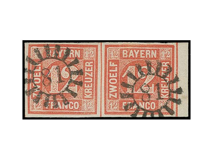 12 Kr. rot, farbfrisch im waagerechten allseits gut gerandetetem Paar, rechts mit Bogenrand, sauber mit gMR "81" entwertet, K