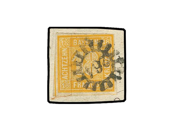 18 Kr. gelblichorange, oben rechts Randlinienschnitt, sonst voll- bis breitrandig mit unten kpl. Schnittlinie mit gMR "264" a