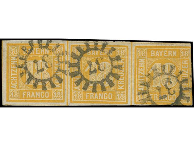 18 Kr. gelborange, farbfrischer und dreiseitig voll- bis breitrandiger Dreierstreifen, rechts etwas berührt, jede Marke mit s