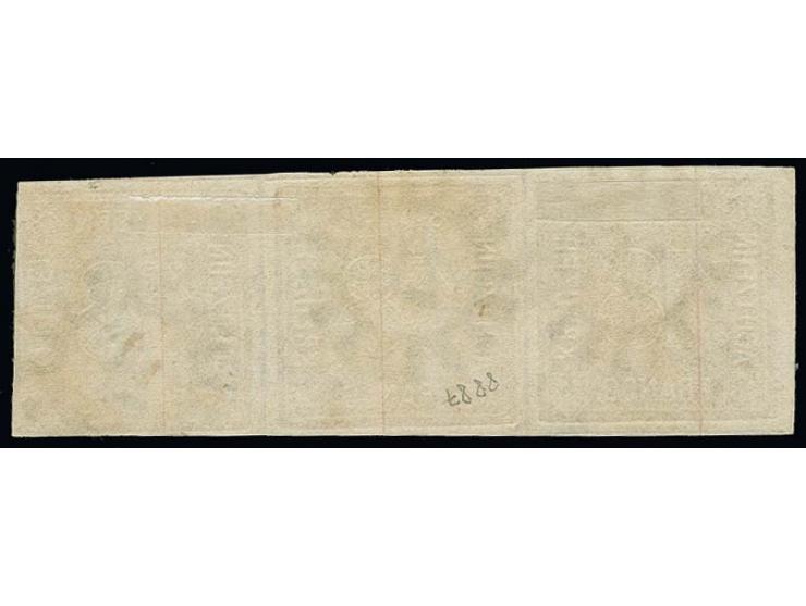 18 Kr. gelborange, farbfrischer und dreiseitig voll- bis breitrandiger Dreierstreifen, rechts etwas berührt, jede Marke mit s