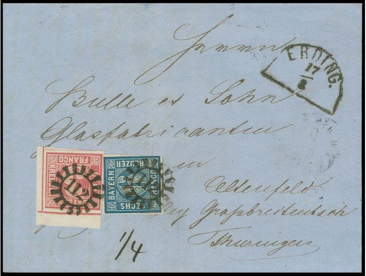 3 Kr. rosa, sehr schön farbfrisch aus der rechten oberen Bogenecke und 6 Kr. blau allseits vollrandig bzw. rechts unten leich