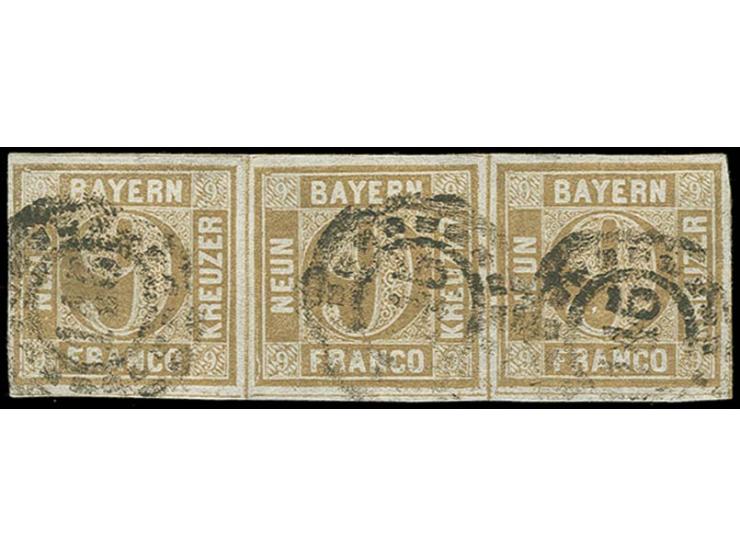 9 Kr. ockerbraun im waagerechten 3er-Streifen, allseits breitrandig mit oMR von Fürth, zwischen den Marken senkrechte Faltpsp