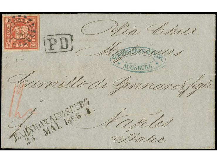 18 Kr. zinnoberrot, allseits gut gerandet mit oMR "28" auf Faltbrief mit nebengesetztem L2 "BAHNHOF AUGSBURG 25 MAI. 1866" im