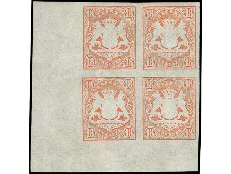 18 Kr. dunkelzinnoberrot im 4er-Block aus der linken unteren Bogenecke, allseits breitrandig mit ca. 11/17 mm Bogenrand, post