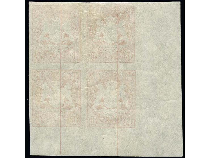 18 Kr. dunkelzinnoberrot im 4er-Block aus der linken unteren Bogenecke, allseits breitrandig mit ca. 11/17 mm Bogenrand, post