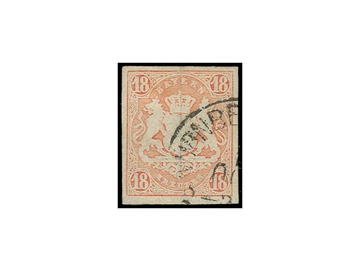 1867, Wappen 18 Kr. dunkelzinnoberrot, allseits gut gerandet mit EKr. "NÜRNBERG", Pracht, sign. u.a. Brettl BPP