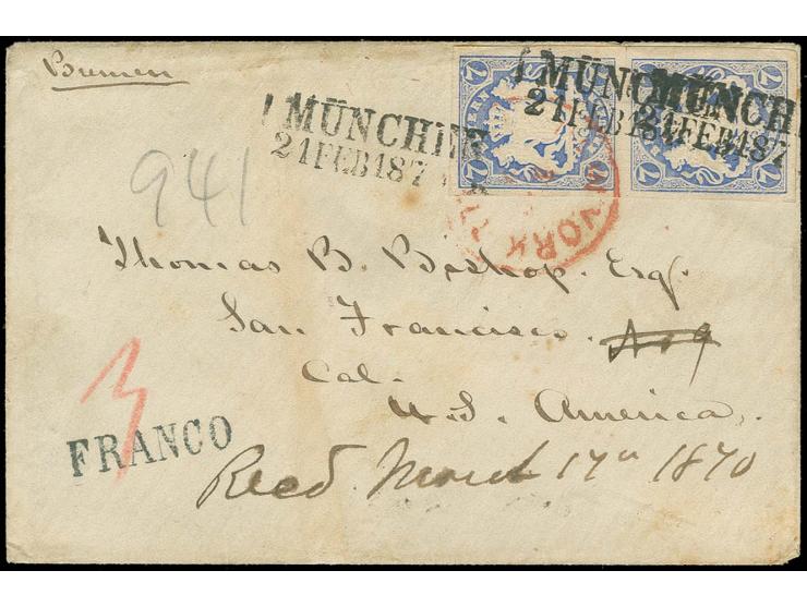 7 Kr. ultramarin im senkrechten Paar, allseits breitrandig mit sauberem Ra2 "MÜNCHEN 21 FEB 187.." auf kleinem Briefkuvert üb